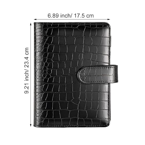 A5 6 Ring Binder Cover Crocodile - Large PU Leather Notebook Binder with Hidden Snap Buckle, Refillable Budget Planner, Black thumbnail 2