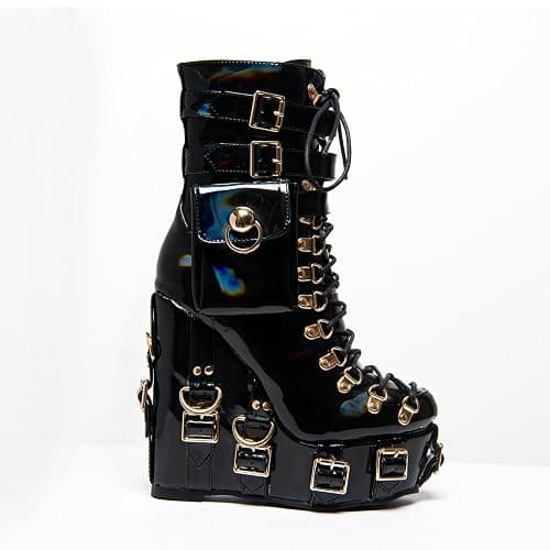 Heronticy Women's Black Patent Lace-Up Ankle Bootie with Gold Buckles, Platform Wedge Heel, and Side Zipper thumbnail 4