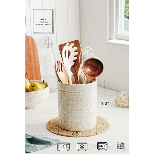 MIKIGEY Kitchen Utensil Holder, 7 Inches Large Ceramic Utensil Holder for Countertop, Lace Emboss Cooking Utensil Crocks for Kitchen, Home Decor, Off-White thumbnail 4