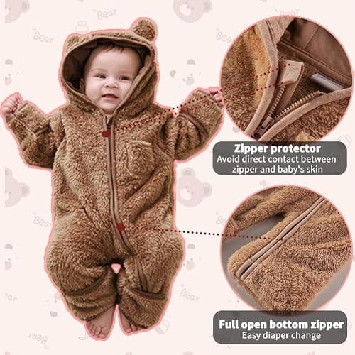 AiWMGL Newborn Baby Bear Outfit With Fold-Over Mittens and Footies Girls Boys Winter Fleece Clothes Hooded Romper Snowsuit thumbnail 7