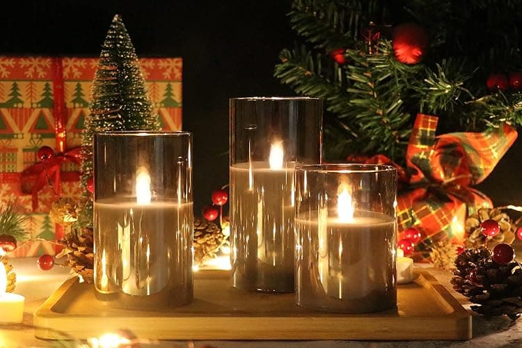 GenSwin Gray Glass Battery Operated Flameless Led Candles with 10-Key Remote and Timer, Real Wax Candles Warm White Flickering Light for Home Decoration(Set of 3) - Gray thumbnail 2