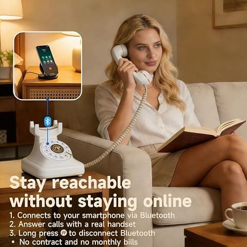 Bluetooth Retro Landline Phone for Cell Phone, Rotary Home Phones, White | Vintage Old Fashioned Telephone with Speakerphone & Volume Control, Wireless Rechargeable Telephone for Bedroom, Home Office thumbnail 3
