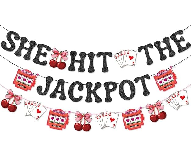 She Hit The Jackpot Banner Garland for Las Vegas Bachelorette Party Decorations - Image 1