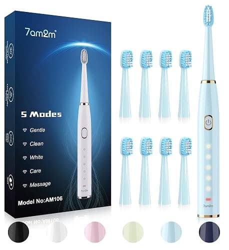 7AM2M Sonic Electric Toothbrush for Adults and Kids- High Power Rechargeable Toothbrushes with 8 Brush Heads,5 Adjustable Modes, Built-in 2-Minute Smart Timer,4 Hours Fast Charge for 30Days (Blue) - Image 1