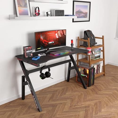 BestOffice | 47" Gaming Desk | Red | Carbon Fiber Textured Computer Desk | Sturdy Steel Frame, Cup Holder, Headphone Hook, Cable Management Holes, Adjustable Leg Pads | for Gamers, Home, Office thumbnail 4