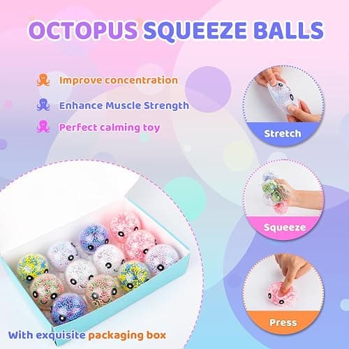 VESPRO 12 Pack Fidget Stress Balls for Adults, Cute Octopus Stress Relief Sensory Stress Ball, Bulk Squishy Squeeze Ball Toys Set for Classroom Prizes and Birthday Party Favors thumbnail 5