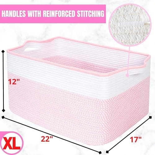 MINTWOOD Design 22in Extra Large Blanket Basket Holder Living Room, Rectangle Rope Woven Storage Basket with Handles for Laundry, Pool Towels, and Shoes, Dog Toy Organizer Bin Box, Light Pink thumbnail 3