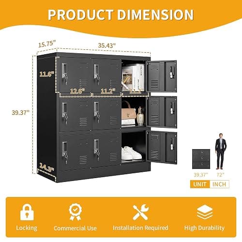 VIYET Employee Storage Locker,9 Door Storage Locker,Metal Locker for Employees Office Steel Gym Lockers with Card Slot,Office Storage Lockers for Home,School(Black) thumbnail 3
