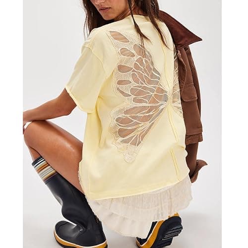 Women Butterfly Lace Short Sleeve Top Y2k Oversized Cut Out Solid Crew Neck T Shirts Summer Embroidered Tee thumbnail 4