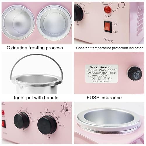 Portable Wax Warmer with Adjustable Temperature and 40 Wax Sticks - Painless Hair Removal for Women and Men (Pink-Double Pots) thumbnail 4