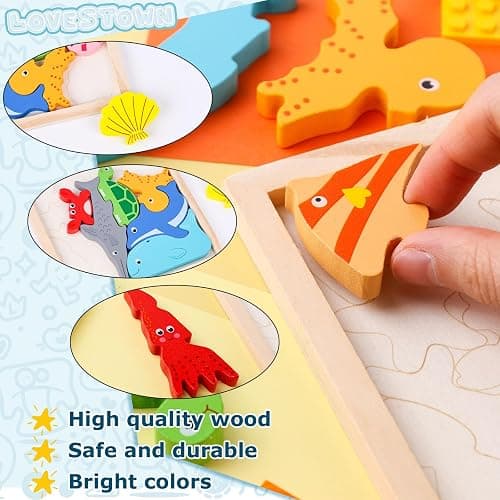 LovesTown Wooden Stacking Puzzle, 12PCS, Sea Animal | for Toddler, Preschool Learning, Montessori Toy, Develops Balance, Focus & Fine Motor Skills, Screenless Play thumbnail 6