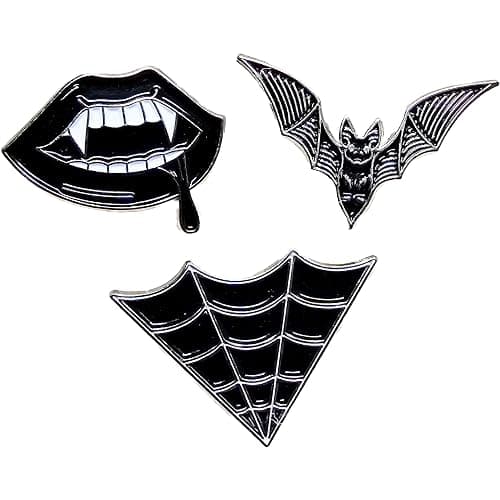 Goth Enamel Pin Set Chrome Fashion Aesthetic Bat Spider Web Fangs 3 Pack - Image 1