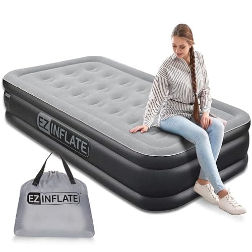 EZ INFLATE Air Mattress with Built in Pump - Twin Size Double-High Inflatable Mattress with Flocked Top - Easy Inflate, Waterproof, Portable Blow Up Bed for Camping & Travel - Image 1