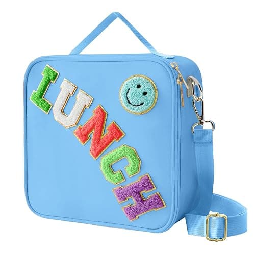 Insulated Lunch Bag With Adjustable Shoulder Strap, Nylon Preppy Lunch Box Large Insulated Lunch Bag Reusable Lunch Tote Bag with Smiley Preppy LunchBag for Girls School Travel Picnic (Dark blue) - Image 1
