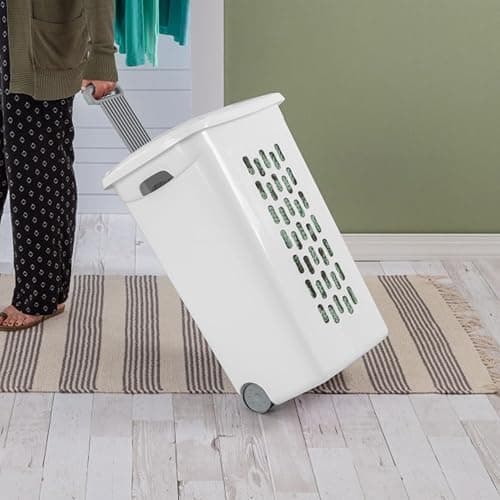Sterilite 3-Pack Ultra Wheeled Hamper, Laundry Basket w/ Flip-Top Lid & Retractable Handle - Plastic Rolling Clothes Storage Cart with Ventilated Holes for Home, Apartment or Dorm thumbnail 6