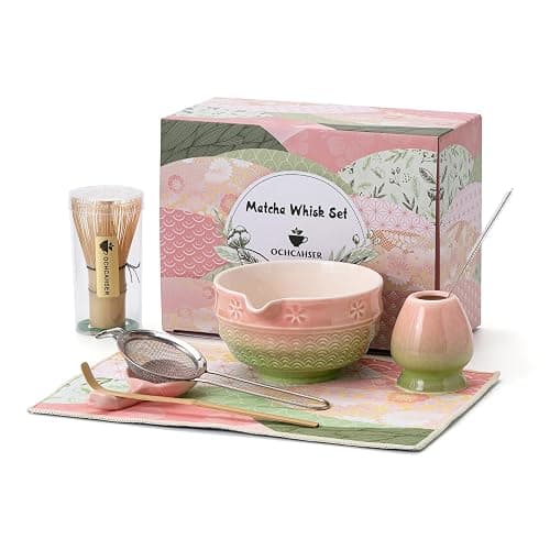 Matcha Tea Set, 8 Pcs Japanese Matcha Kit with Cherry Blossom and Wave Design Ceramic Bowl, Bamboo Whisk, Whisk Holder, Scoop, Sifter, Brush, Matcha Kit Set for Matcha Lovers (Pink-Green) - Image 1