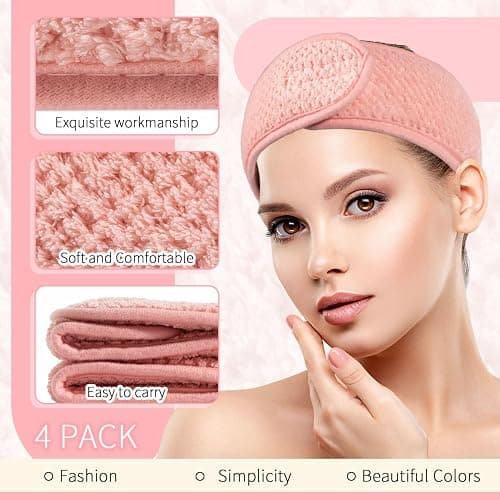 Whaline 4 Pack Spa Facial Headband, Pea Green, Pink, Beige, Light Gray | Makeup Hair Wrap, Adjustable Hair Band, Soft Towel Head Band, for Face Washing, Shower Sports Yoga thumbnail 3