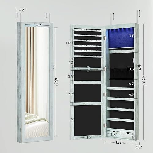 SONGMICS 6 LEDs Mirror Jewelry Cabinet, 47.2-Inch Tall Lockable Wall or Door Mounted Jewelry Armoire Organizer with Mirror, 2 Drawers, Christmas Gift, 3.9 x 14.6 x 47.2 Inches, Rustic Green thumbnail 4