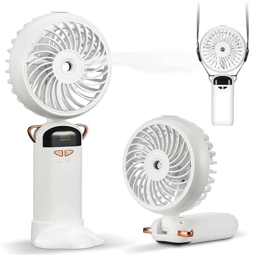 Kssvzz Portable Handheld Fan with Water Mist Spray, Rechargeable Battery Operated Fan with Base, Digital Display, 5 Speeds, 90° Ajustable, Electric Mini Fan for Travel Camping Outdoor (White) - Image 1