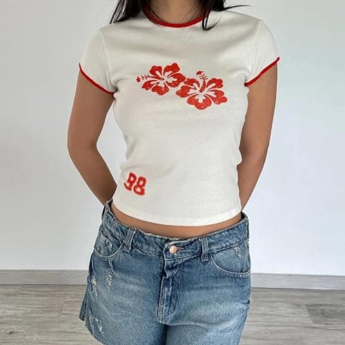 Y2k Graphic Baby Tees Women Teen Girl Fruit Print Crop Top Short Sleeve Slim Fit Vintage Aesthetic T Shirt Clothes - Small - Milky Hibiscus Floral thumbnail 5