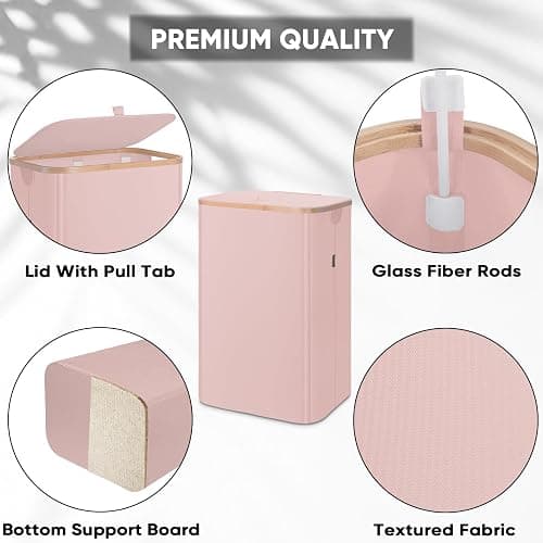 BALEINE Laundry Hamper with Lid, Tall Laundry Baskets with Bamboo Pull Handles, Large Laundry Bin with Internal Support (26 Gal/100L, Pink) thumbnail 4