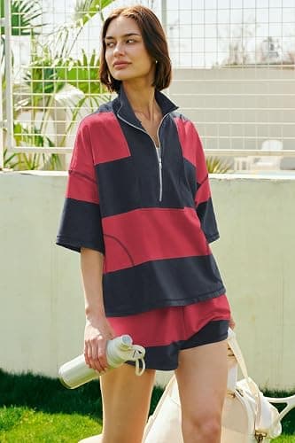 ReachMe Womens Workout Striped Short Sets 2 Piece Outfits Summer Matching Lounge Sets Top and Shorts with Pockets thumbnail 2