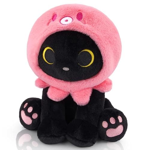 KOPHINYE Octopus Cat Plush - 8" Black Cat Stuffed Animal with Removable Squid Plush Hood, Soft Huggable Plushie Toy for Kids, Kawaii Plushies Birthday Gift for Girlfriend - Image 1