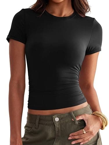 Womens Double Lined Tops Crewneck Short Sleeve Tees Basic Slim Fit T Shirts Y2K Summer Clothes 2025 thumbnail 6