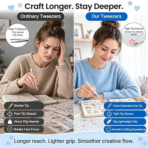 Cryslora Precision Craft Tweezers, Curved Extended Fine Tip Sticker Tweezers for 3D Scene Stickers, Scrapbooking, Journaling, DIY Paper Crafts, (Blue) thumbnail 6