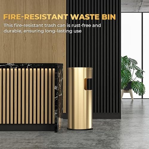 POWLAB Trash Can Outdoor Waste Container Round Stainless Steel Trash Can with Removable Inner Bucket for Disposal Commercial Waste Container 9.8 x 24-Gold Tone thumbnail 2