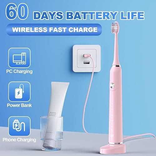 JTF Electric Toothbrush for Adults with 5 Professional Modes & Smart Timer | Portable Travel Case, 2 Types Soft or Firm Heads for Sensitive Teeth & Braces, Wireless Charging, IPX7, TSA-Friendly, Pink thumbnail 2