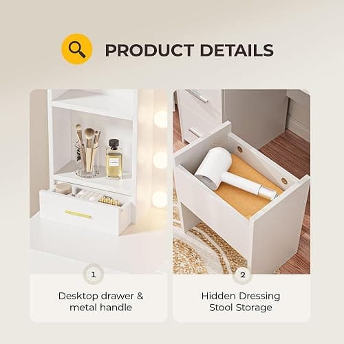 Otterease Vanity Desk with LED Lighted Mirror&Power Outlet, 3 Lighting Colors Makeup Vanity Desk with 5 Large Drawers and 3 Storage Shelves, White Vanity with Storage Stool for Bedroom thumbnail 6