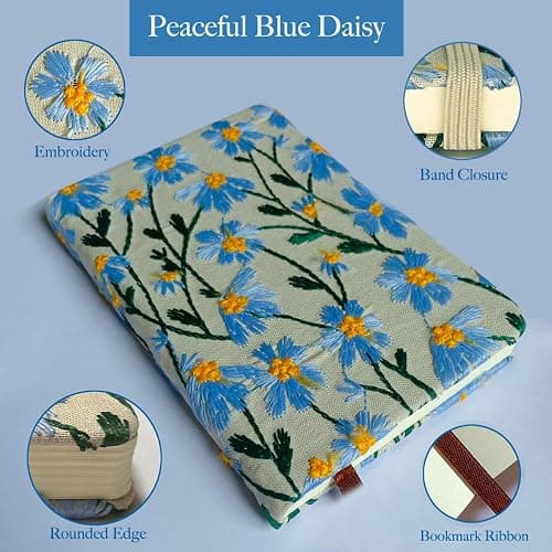 ipoul A5 Notebook, Flower Journal, Embroidered Notebook, 8"x6", Hardcover, Lay Flat, Lined, Wide Ruled Paper, Personalized Notebook, Pretty Journal, Daisy Gifts for Women, Blue, with Elastic Band thumbnail 6