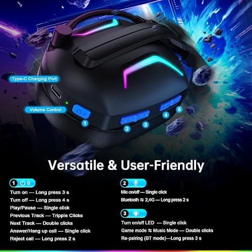 Fachixy FC300 Wireless Gaming Headset with Mic - Bluetooth and 2.4GHz USB Gaming Headphones with 50Hr Battery & 3D Stereo Sound - For PS5, PS4,PC, Switch, Mobile, Blue thumbnail 7