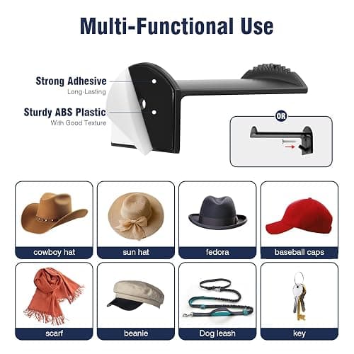 Ahahute 3.0 Inch Wall Hat Hooks (8 Pack) – Strong Adhesive Cowboy Hat Rack with Anti-Slip Teeth, Multi-Purpose Hook for Keys & Accessories, Minimalist Hat Organizer, Western Room Décor – Black thumbnail 5