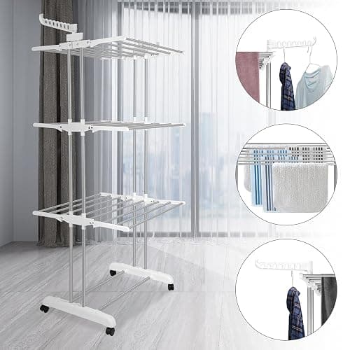 Bigzzia Clothes Drying Rack, Folding Stainless Steel Drying Rack Clothing Indoor Outdoor, Space-Saving, 4 Tier Laundry Drying Rack with Two Side Wings -Grey White - Grey White - 4 Tier thumbnail 4