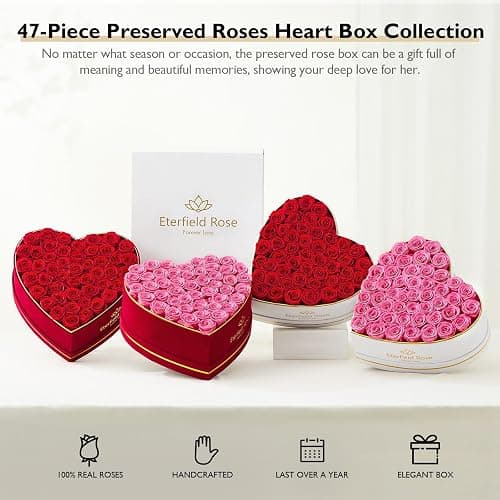 Eterfield Forever Flowers in Heart Shape Box, Preserved Roses That Last a Year Preserved Flowers Birthday for Her Mom Women Wife Valentine's Day Mother's Day (47 Roses, Pink) thumbnail 6