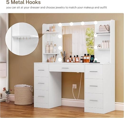FIONESO Large Makeup Vanity, 42.1" Vanity Desk with Mirror and Lights, Makeup Vanity Table with 7 Drawers, 4 Shelves, 5 Jewel Hooks & Power Strip, Vanity Desk Set for Bedroom, White - White thumbnail 4