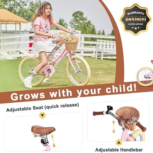 Petimini Girls Bike with Basket for 2-12 Years Old Kids, 12 14 16 18 20 Inch Bicycle with Bell Training Wheels, Multiple Colors - Pink - 20 Inch With Kickstand & Dual Hand Brakes thumbnail 5