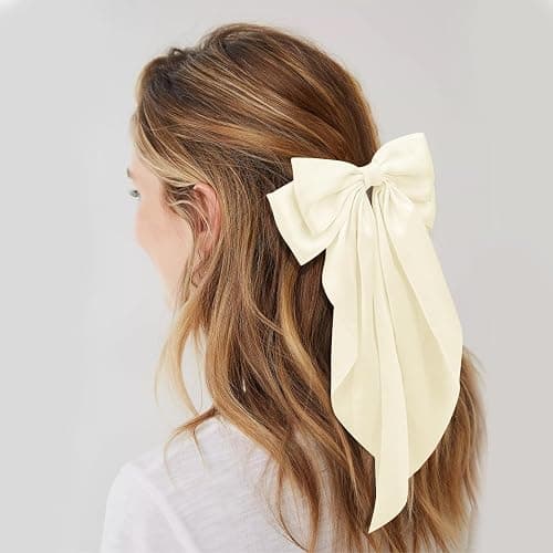Big Beige Silky Satin Hair Bows with Long Tail Ribbon Barrettes for Women and Girls - Cute Coquette Hair Clips thumbnail 2