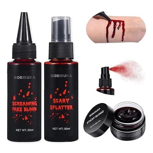 BOBISUKA 3PCS Halloween Fake Blood Makeup Kit - Coagulated 1.41oz + Spray 1.76oz + Dripping 1.76oz, Realistic Washable SFX Makeup for Zombie Monster Mouth Clothes Dress Up - Image 1