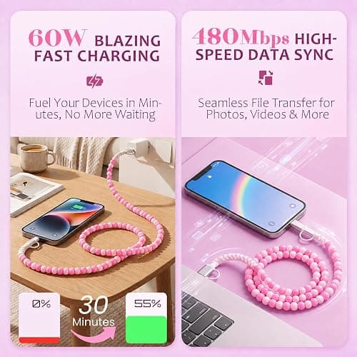 Atsidexa 4-in-1 Beaded Charging Cable, MFi Certified, Works with CarPlay, 3.3FT 60W Fast Charger Cord for iPhone 17/16/15/14/13/12/11, iPad, Samsung, Android and More (Pink Swirl) thumbnail 3