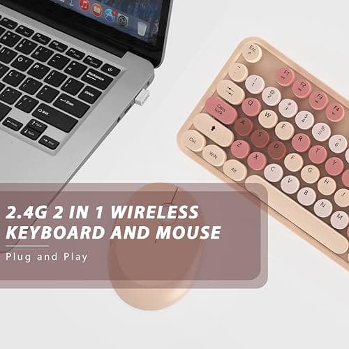 Wireless Keyboard and Mouse, KOOTOP Cute Keyboard and Mouse, 2.4G Wireless Keyboard with Retro Round Keycap for PC, Mac, Laptop,Computer Windows (Milk Tea) thumbnail 5