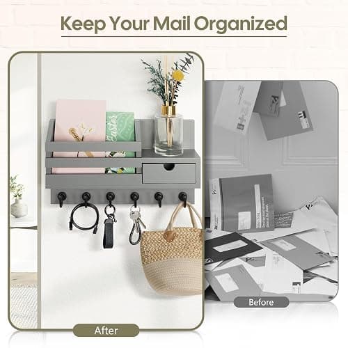 FifthQuarter Key and Mail Holder for Wall, Mail Organizer Wall Mount with 6 Hooks and Storage Drawer, Easy Installation Key Rack for Entryway and Home Decor (A-Grey) thumbnail 3