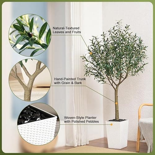 VeriNatural Artificial Olive Tree 6FT, UV Resistant Tall Fake Tree Indoor Outdoor with White Taper Planter & Pebbles – Potted Large Faux Plant for Modern Home Decor Living Room Office Patio, VN156 thumbnail 4
