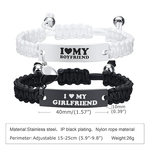Heart Matching Couples Bracelets - Adjustable Braided I Love My Boyfriend Girlfriend Long Distance Bracelets, Lovers His Hers Relationship Promise Bracelet Jewelry Anniversary Christmas Birthday Gifts thumbnail 6
