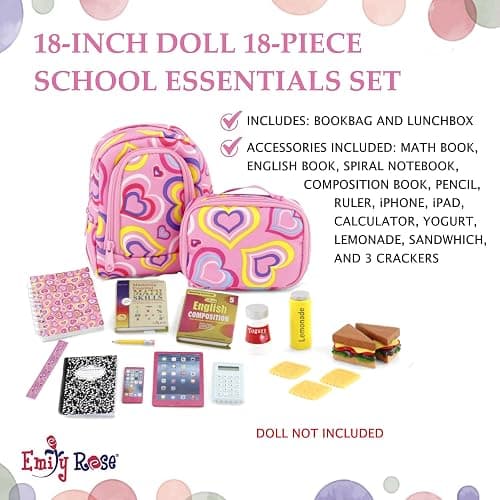 Emily Rose 18-inch Doll Clothes - 18-Piece School Essentials Backpack and Lunch Play Set, with Fun Accessories, Including Pretend Food & Working Calculator | USA Business | Compatible with 18" Dolls thumbnail 3