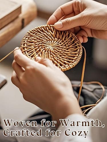6pcs Natural Handmade Rattan Coasters with Holder - Wicker Drink Coasters Set for Protecting Table, Housewarming Gifts Boho Summer Home Coastal Decor thumbnail 4