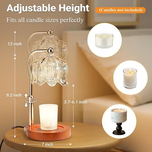 Candle Warmer Lamp with Timer Dimmer, Adjustable Height Candle Lamp Warmer for Jar Candles, Flower Glass Wax Melt Warmer with 2 Bulbs, Flameless Home Decor Gifts for Women Mom, Housewarming thumbnail 2