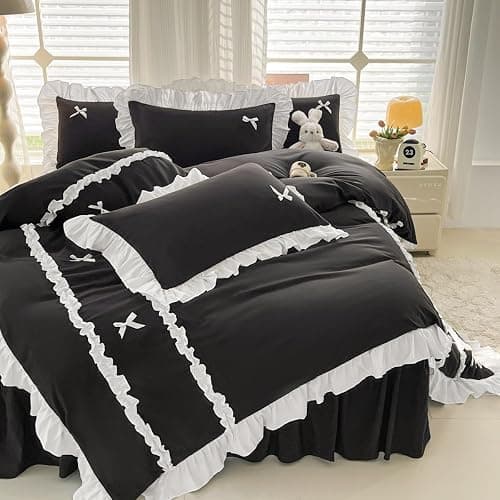 IHOUSTRIY Black Halloween Duvet Cover Twin Size, Cute Bow Duvet Cover Set with Zipper Closure, 2 Pieces White Ruffle Soft Microfiber Bedding Set with 4 Ties (66"x90", 1 Pillow Cases) thumbnail 3